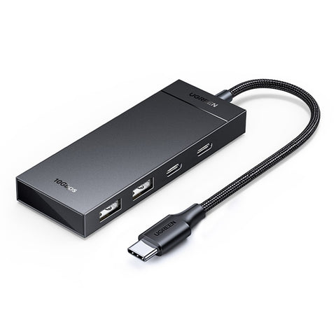 UGREEN 35583 4-in-1 USB-C hub in black with its short braided lead, showing two USB-A and two USB-C ports