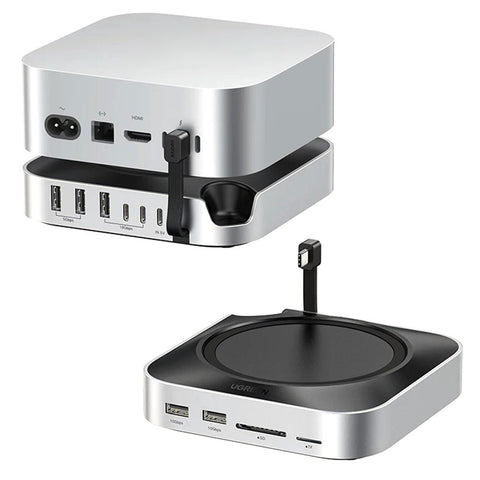 UGREEN CM841 dock in silver shown beneath a Mac mini, and separately from above showing its circular top plate