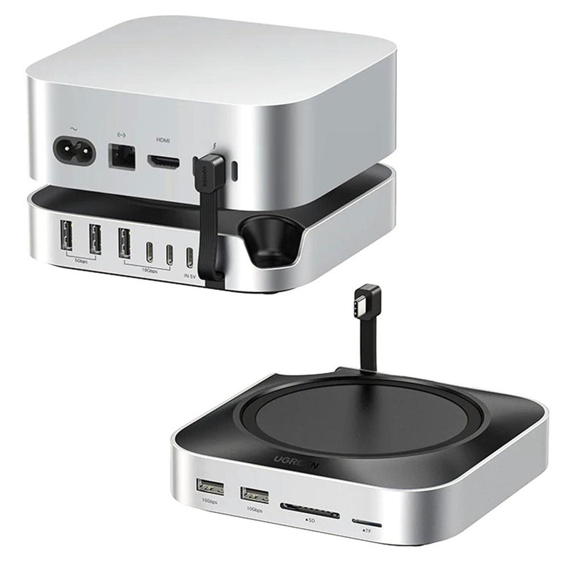 UGREEN CM841 dock in silver shown beneath a Mac mini, and separately from above showing its circular top plate