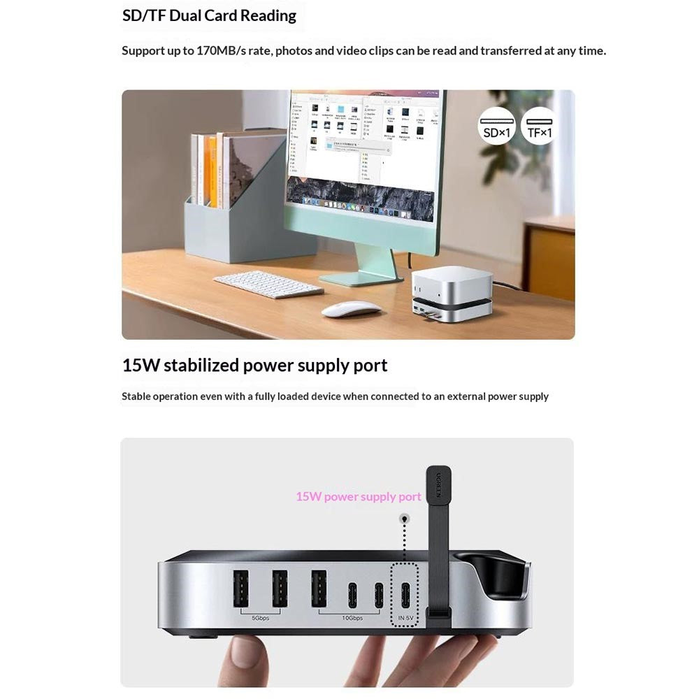 SD and microSD dual card reading at up to 170MB/s, and the 15W stabilised power supply port