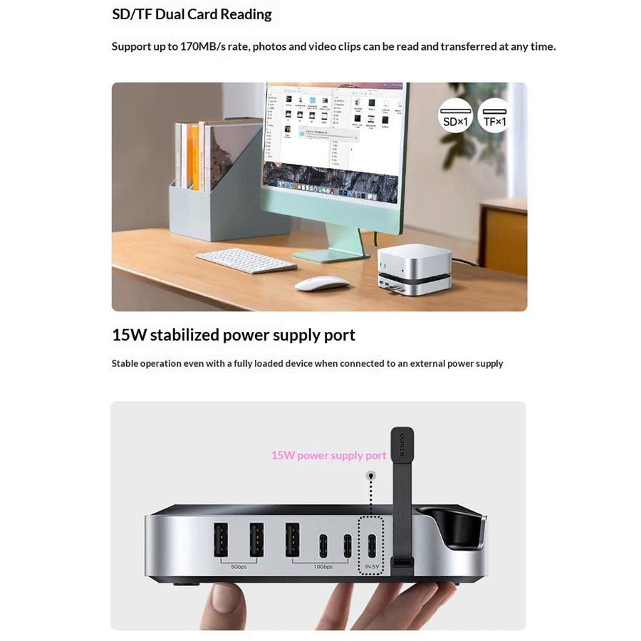 SD and microSD dual card reading at up to 170MB/s, and the 15W stabilised power supply port