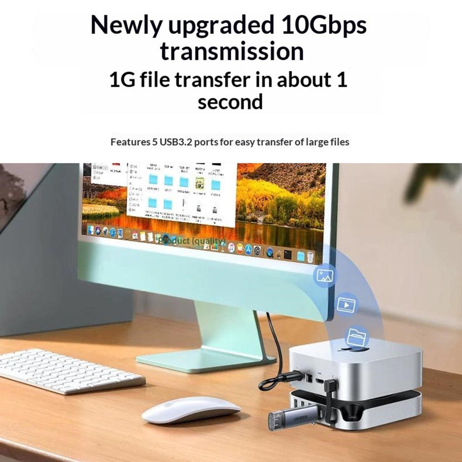 A desk with an iMac and the dock, captioned newly upgraded 10Gbps transmission, 1GB file transfer in about one second