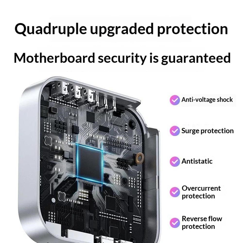 The dock's internal board captioned quadruple upgraded protection: anti-voltage shock, surge, antistatic, overcurrent and reverse flow