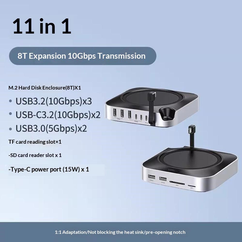The dock listed as 11-in-1: an 8TB M.2 enclosure, three USB 3.2 at 10Gbps, two USB-C 3.2, two USB 3.0, SD and microSD slots and a 15W USB-C power port