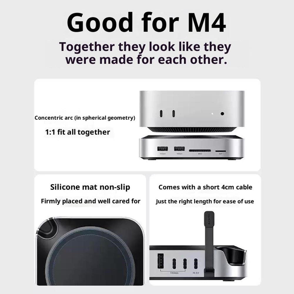Detail panels captioned good for M4: concentric arc geometry, non-slip silicone mat and a short 4 cm cable