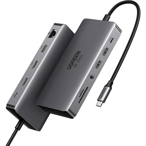 UGREEN 15965 11-in-1 USB-C dock in grey aluminium with its attached lead, seen from above