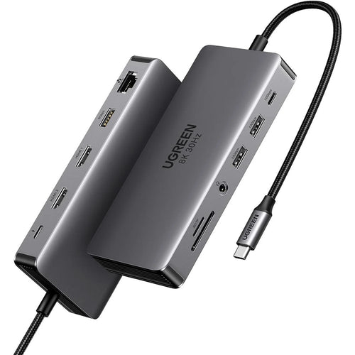 UGREEN 15965 11-in-1 USB-C dock in grey aluminium with its attached lead, seen from above