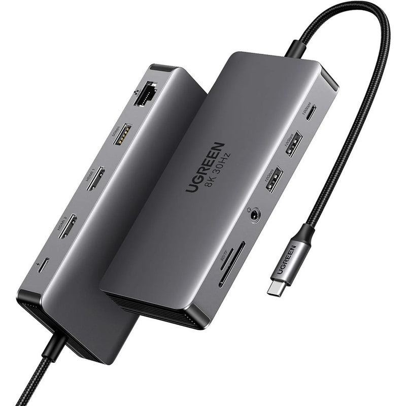 UGREEN 15965 11-in-1 USB-C dock in grey aluminium with its attached lead, seen from above