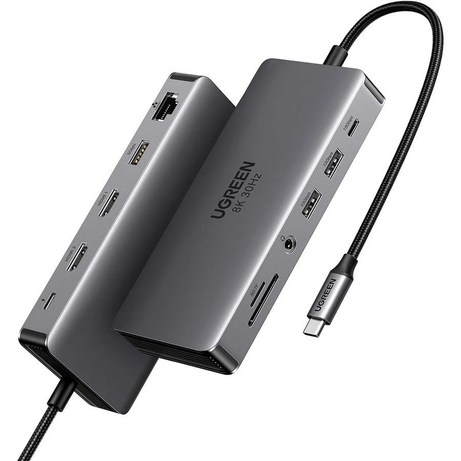 UGREEN 15965 11-in-1 USB-C dock in grey aluminium with its attached lead, seen from above