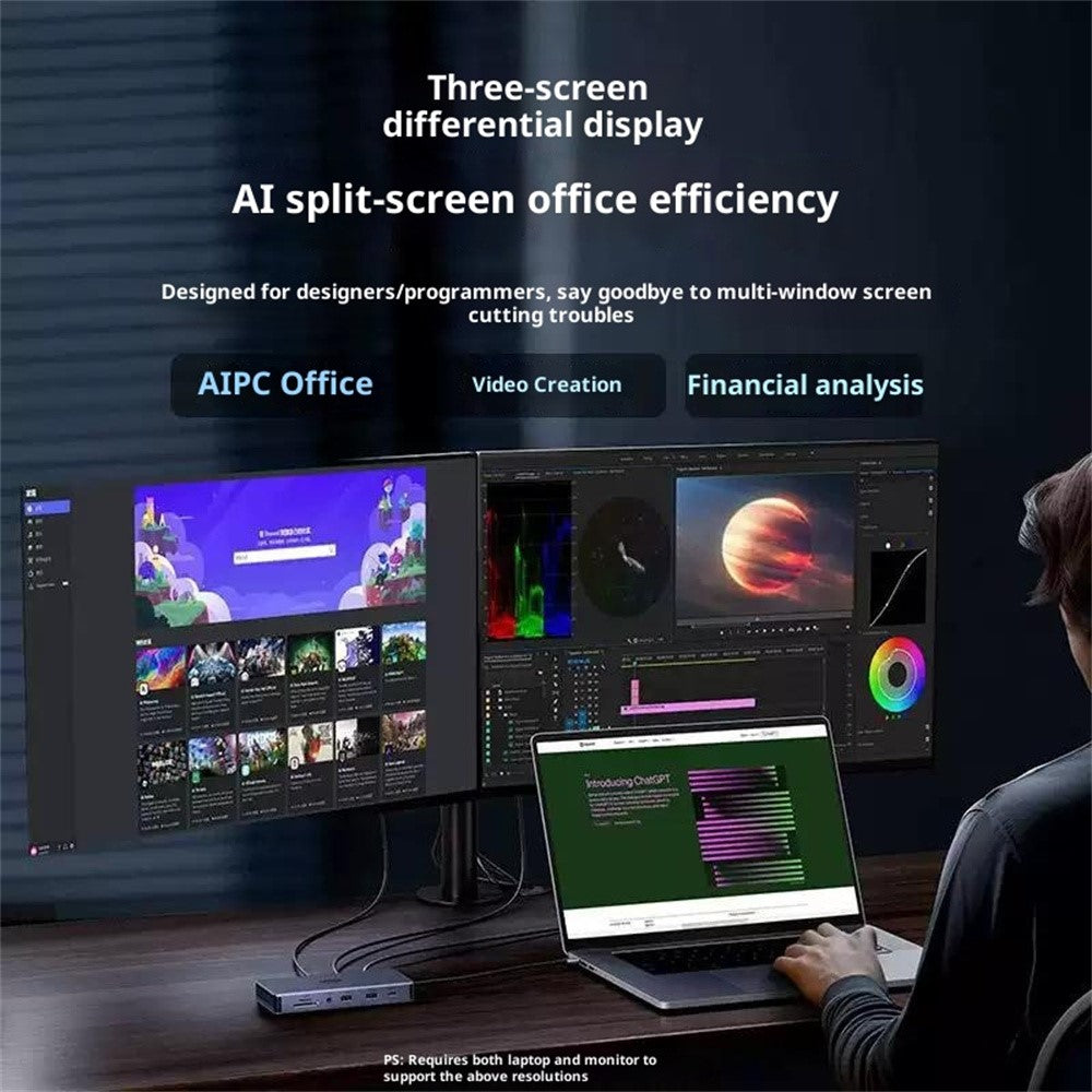 A three-screen workstation running design and finance windows side by side through the dock