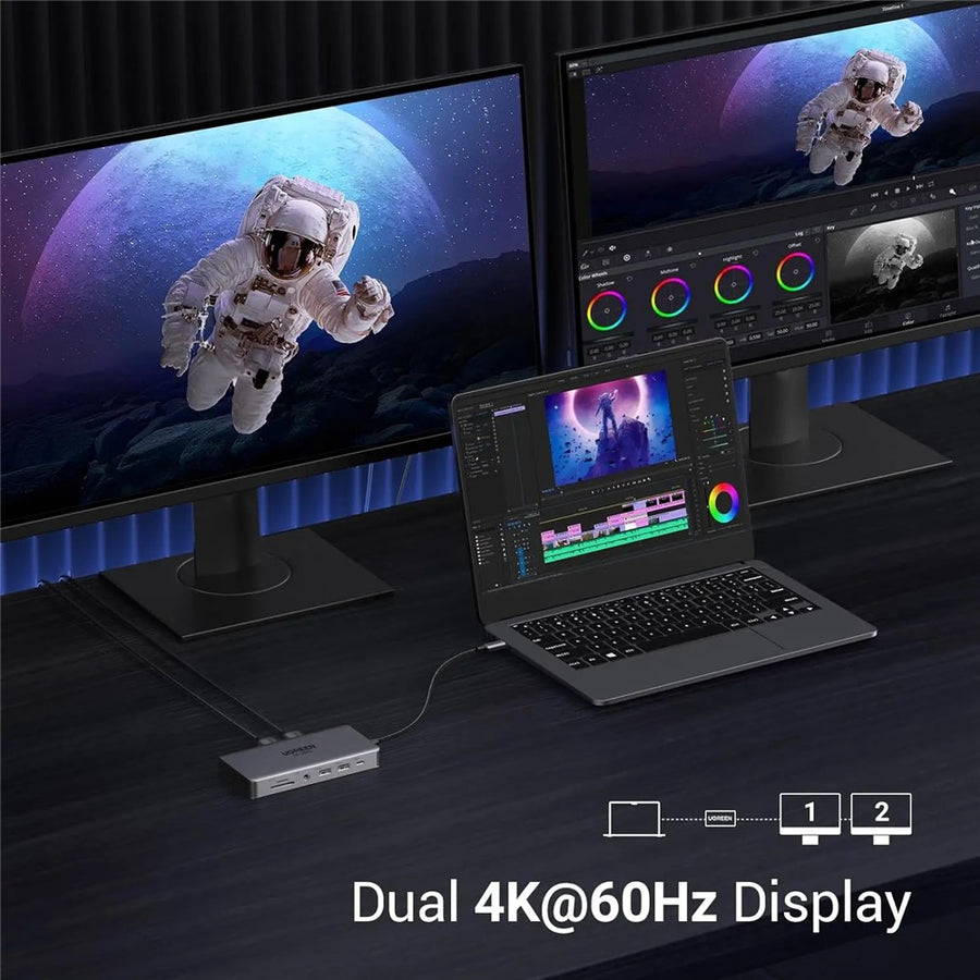 A laptop driving two external monitors through the dock, captioned dual 4K 60Hz display