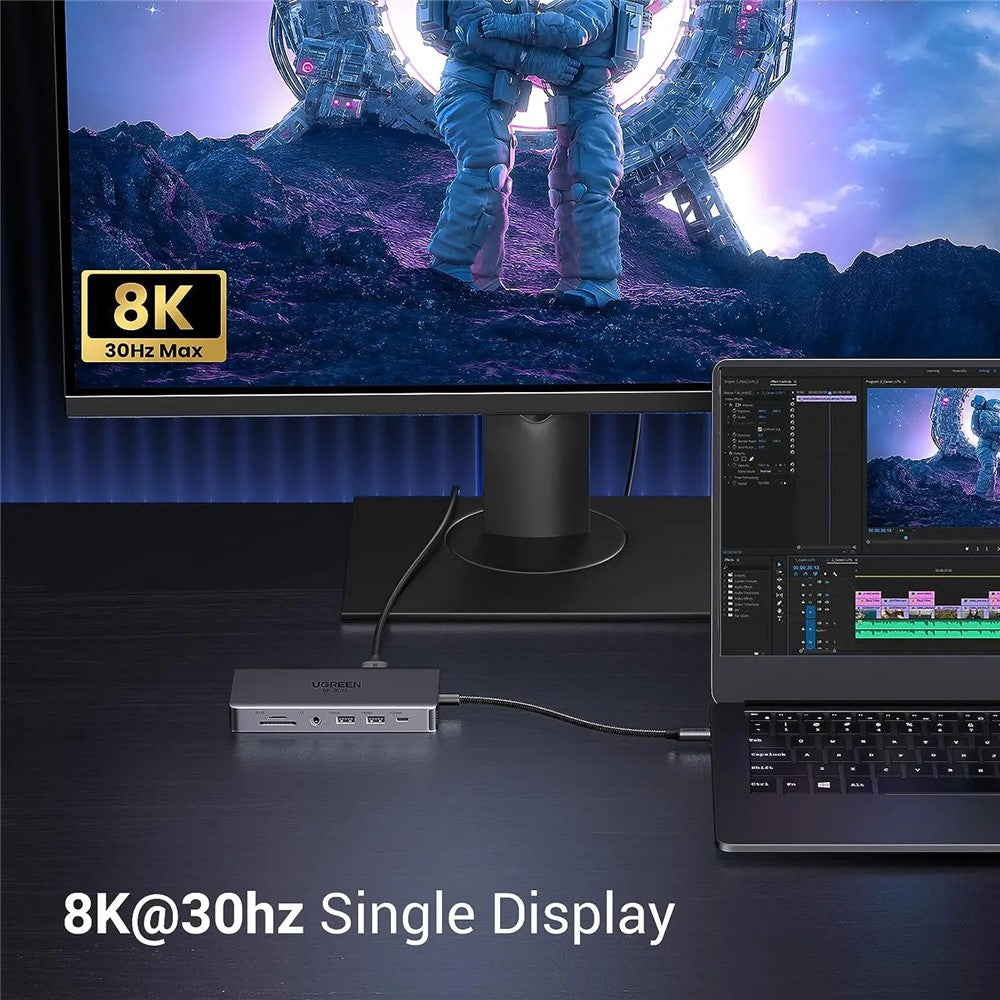 A monitor showing an astronaut scene beside a laptop, captioned 8K 30Hz single display