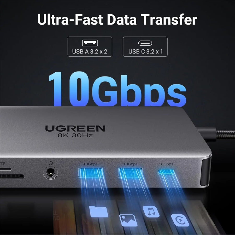 The dock's ports lit blue, captioned 10Gbps across two USB-A 3.2 and one USB-C 3.2