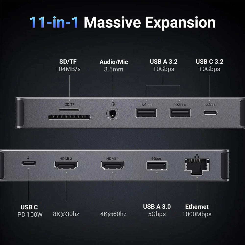 The dock's full port map: SD and microSD at 104MB/s, 3.5mm audio, two USB-A 3.2 and USB-C 3.2 at 10Gbps, USB-C PD 100W, HDMI at 8K 30Hz and 4K 60Hz, USB-A 3.0 at 5Gbps and Gigabit Ethernet