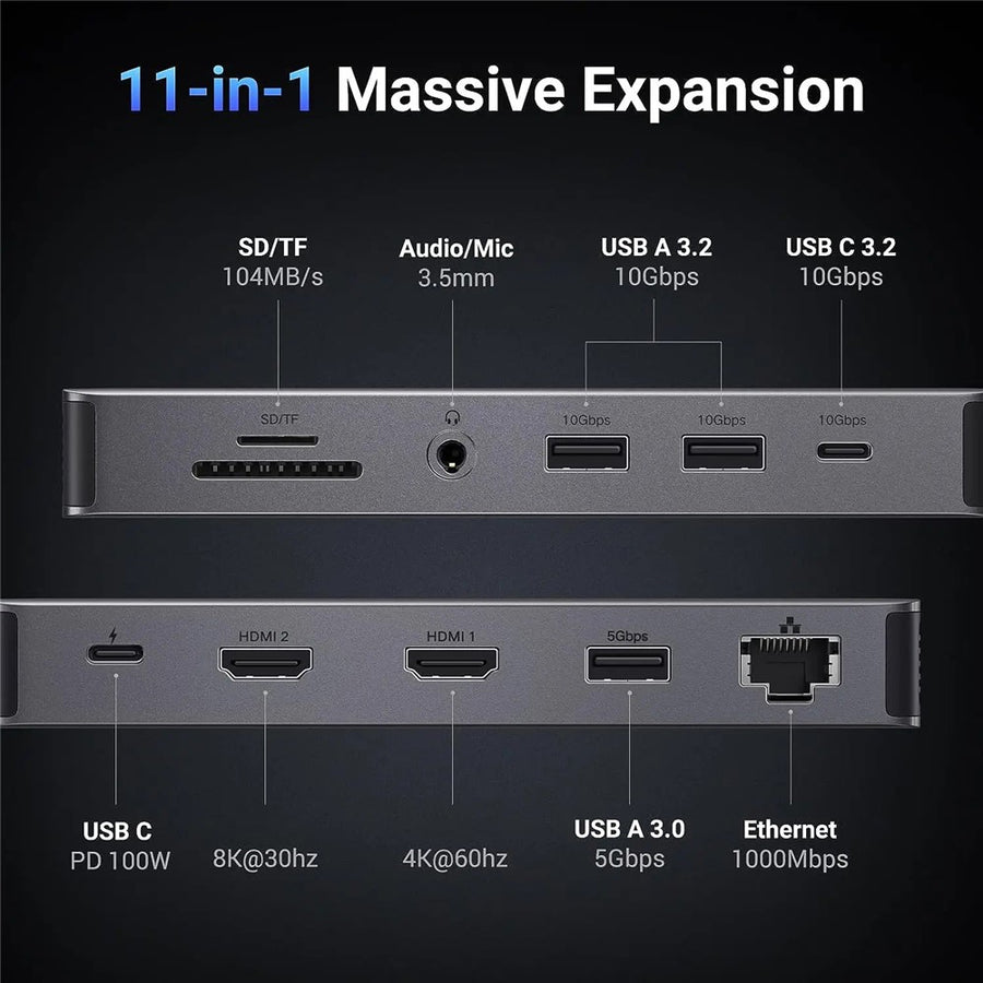 The dock's full port map: SD and microSD at 104MB/s, 3.5mm audio, two USB-A 3.2 and USB-C 3.2 at 10Gbps, USB-C PD 100W, HDMI at 8K 30Hz and 4K 60Hz, USB-A 3.0 at 5Gbps and Gigabit Ethernet