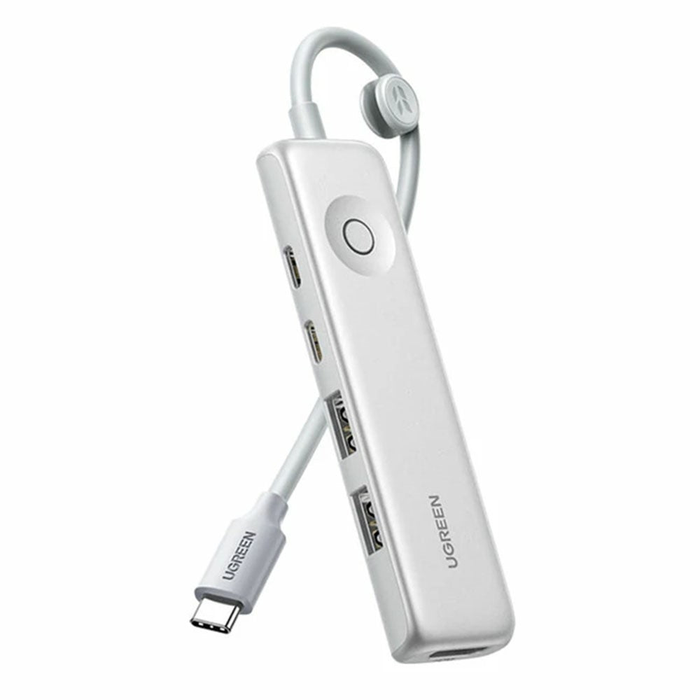 UGREEN U601 5-in-1 USB-C hub in silver, slim bar shape with its looped cable clip and screen-off button