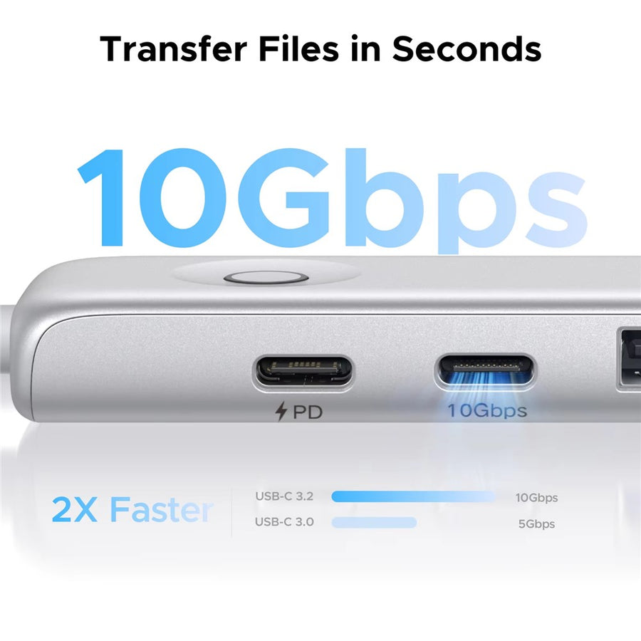 Close-up of the hub's PD and 10Gbps ports, captioned transfer files in seconds and twice as fast as USB 3.0