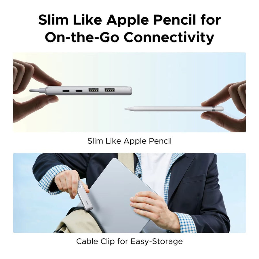 The hub held between fingers beside an Apple Pencil for scale, and clipped shut for storage