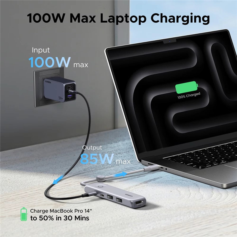 The hub charging a laptop from a wall socket, labelled 100W input and 85W output, MacBook Pro 14 to 50 percent in 30 minutes