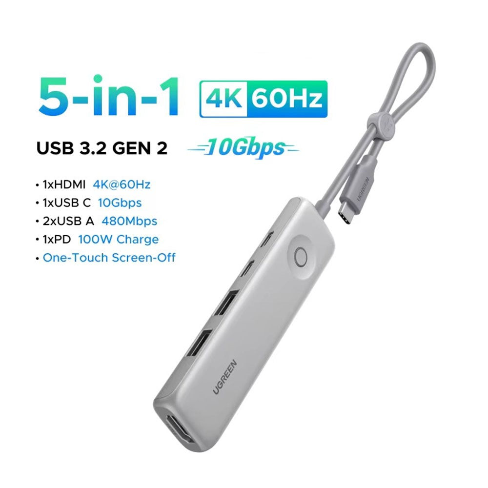 The hub labelled 5-in-1: HDMI at 4K 60Hz, USB-C at 10Gbps, two USB-A at 480Mbps, 100W PD charging and one-touch screen-off