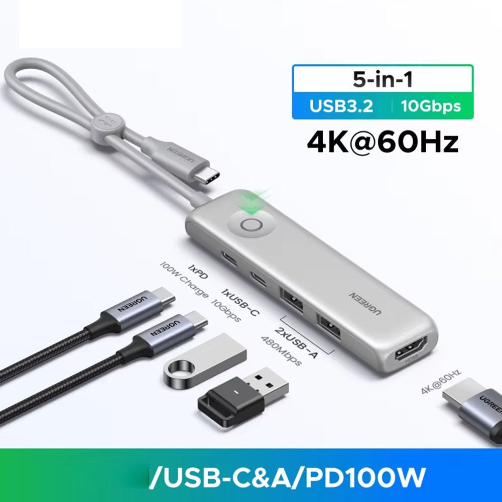 The hub with cables and a USB drive attached, captioned 5-in-1, USB 3.2 at 10Gbps, 4K 60Hz and PD 100W