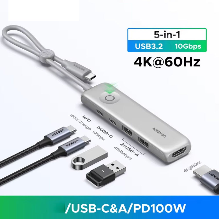 The hub with cables and a USB drive attached, captioned 5-in-1, USB 3.2 at 10Gbps, 4K 60Hz and PD 100W
