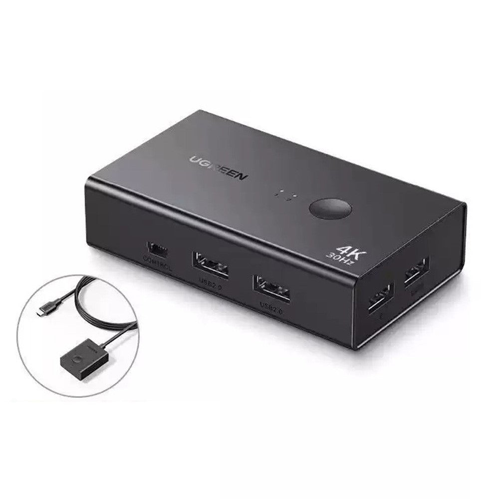 UGREEN CM607 4K KVM switch in black showing its selector button, HDMI ports and USB ports