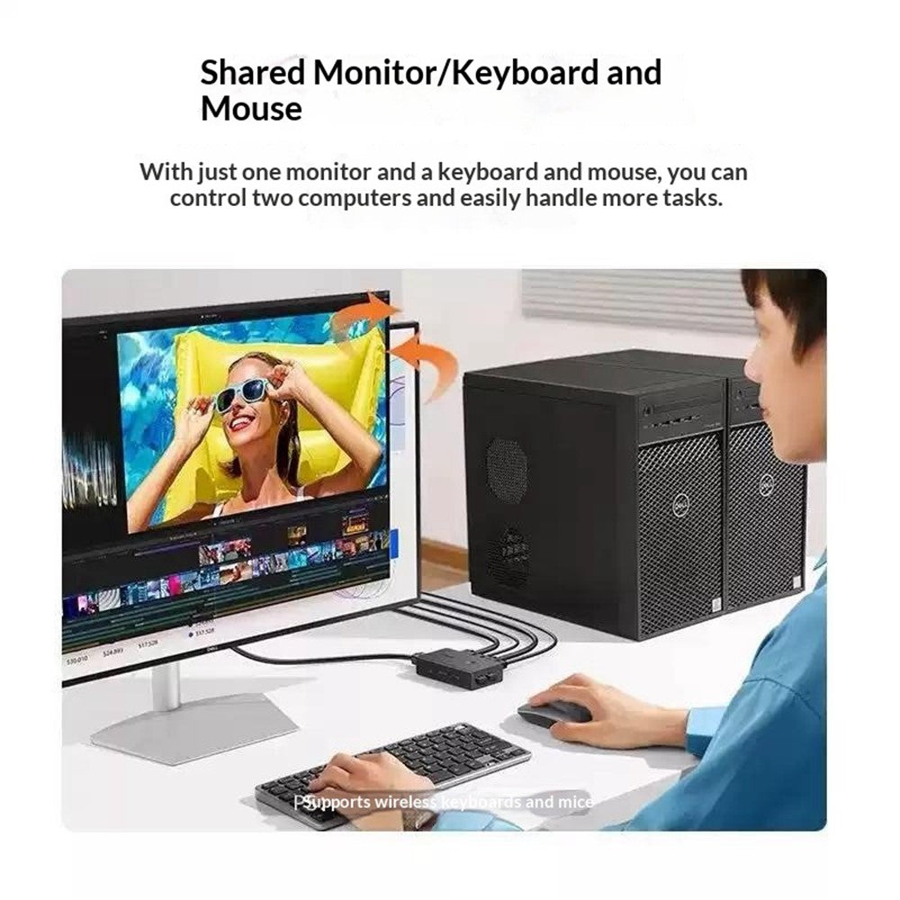 A tidy desk with the switch hidden away, captioned easier controller switching by key or by desk controller