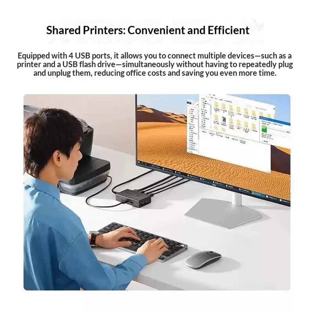 A person at one monitor controlling two computers, captioned shared monitor, keyboard and mouse