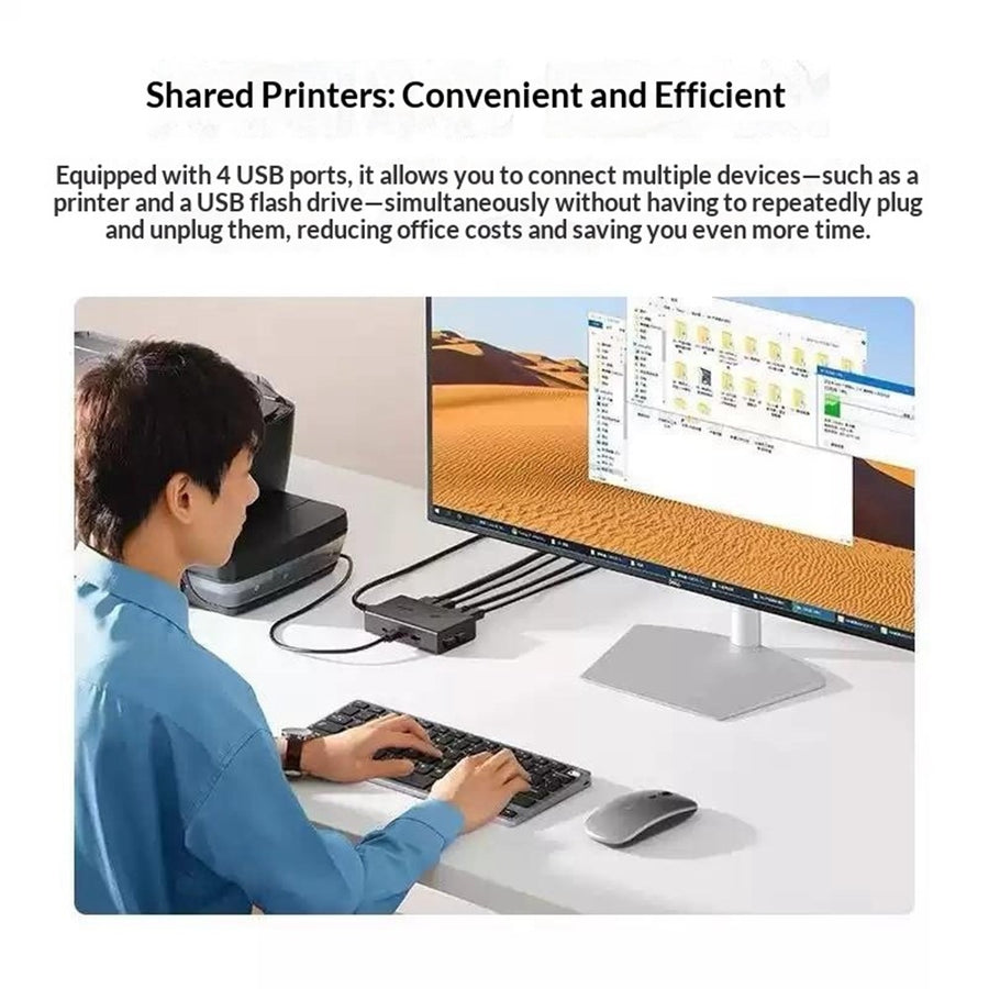 A person at one monitor controlling two computers, captioned shared monitor, keyboard and mouse