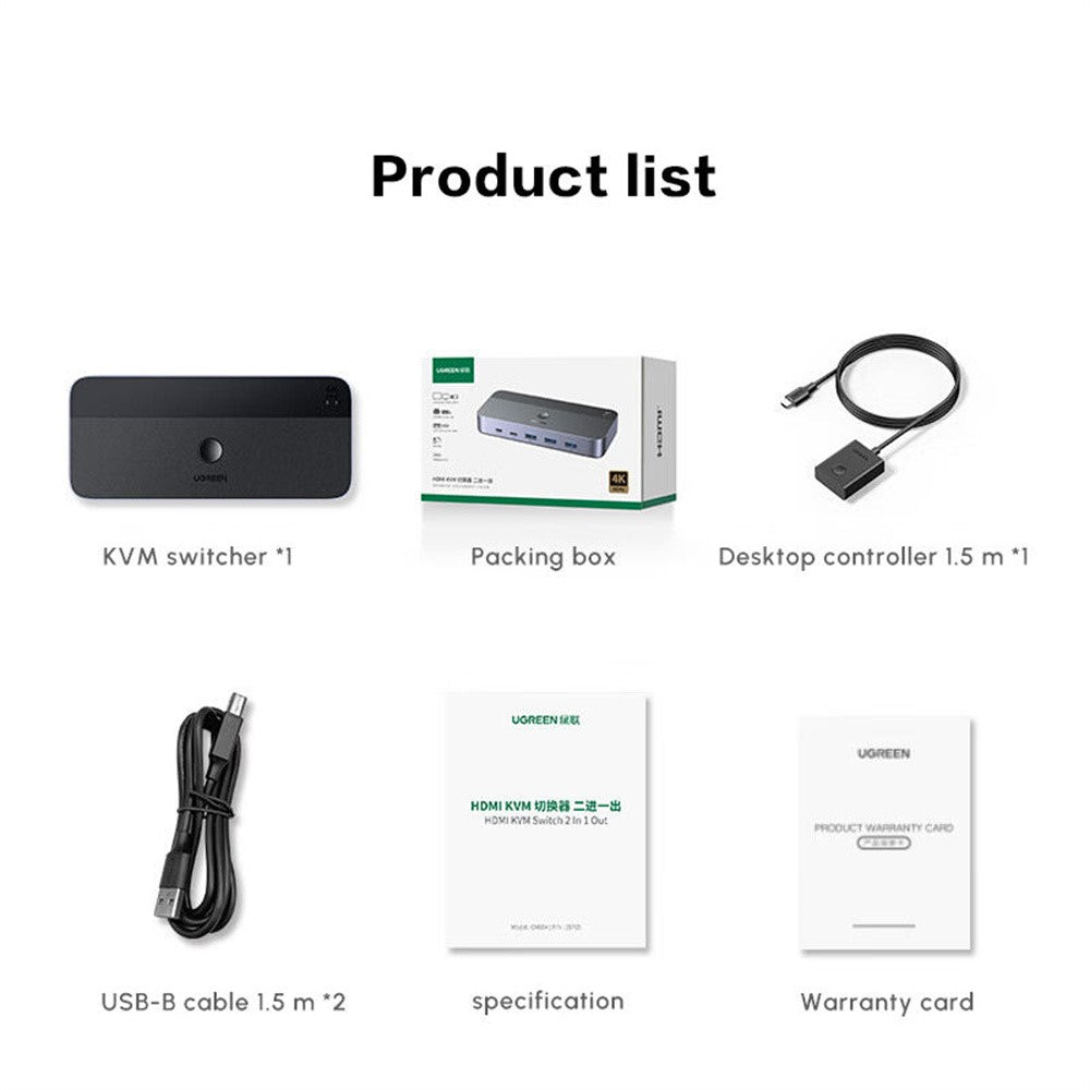 Flat lay of the box contents: KVM switch, packing box, 1.5m desk controller, two 1.5m USB-B cables, spec sheet and warranty card