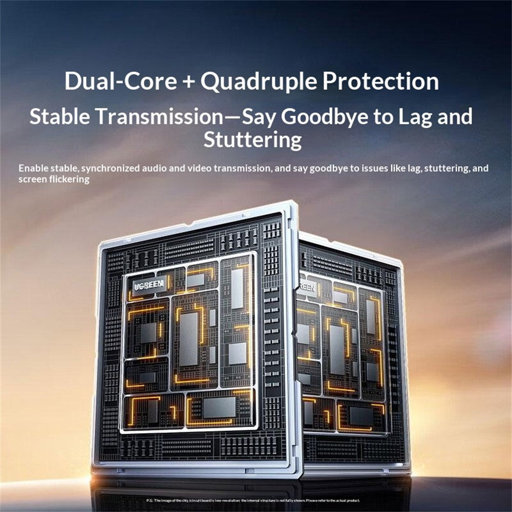 Rendering of the switch's dual-core chipset, captioned stable synchronised audio and video transmission