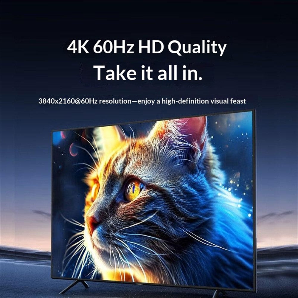 A monitor showing a 4K photograph of a cat driven through the switch, captioned 3840x2160 at 60Hz