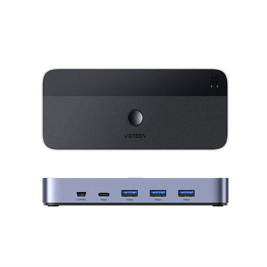 Top and rear views of the KVM switch showing the selector button and the full port row