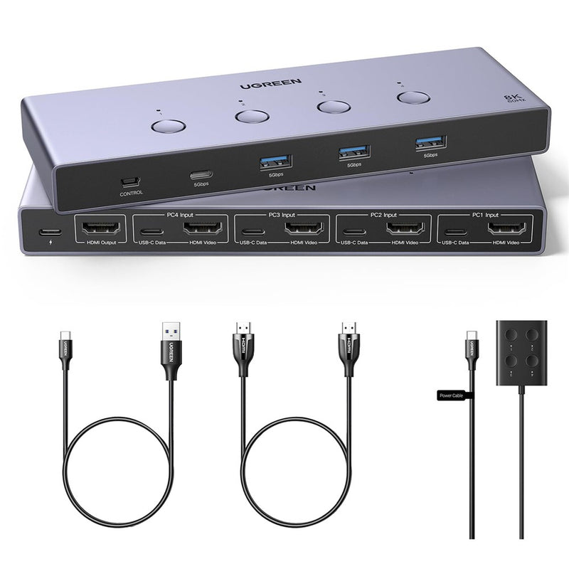 UGREEN AK701 8K KVM switch in grey aluminium, shown from both sides with its included HDMI, USB and power cables