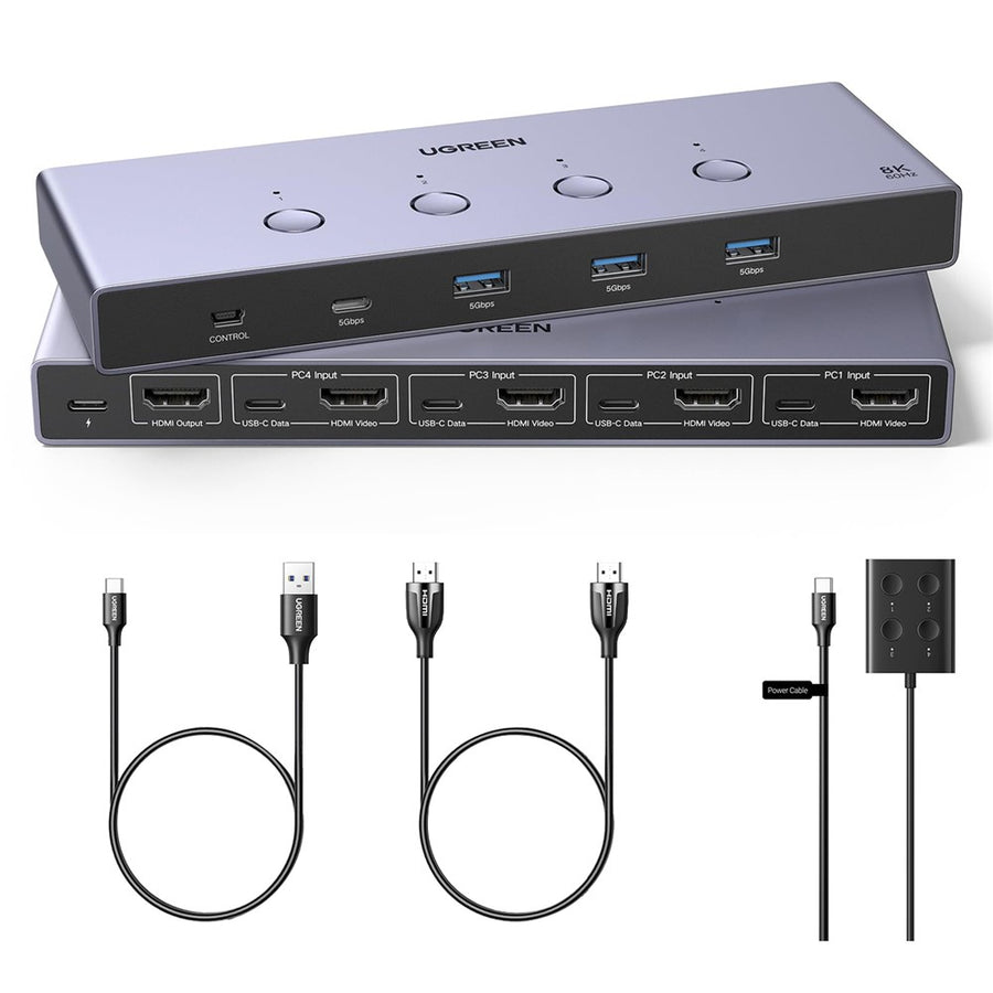 UGREEN AK701 8K KVM switch in grey aluminium, shown from both sides with its included HDMI, USB and power cables
