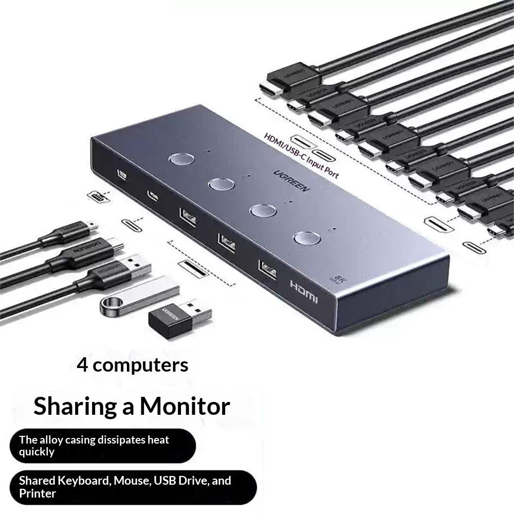 The KVM switch fanned out with all eight cables and a wireless receiver, captioned four computers sharing a monitor