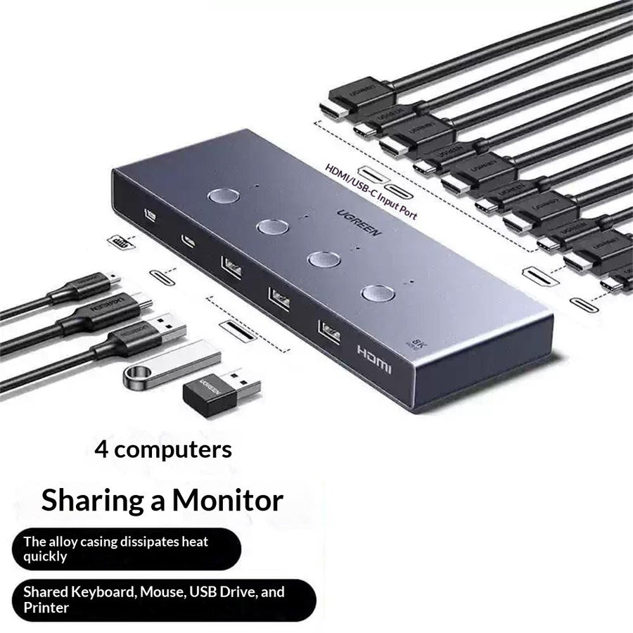 The KVM switch fanned out with all eight cables and a wireless receiver, captioned four computers sharing a monitor