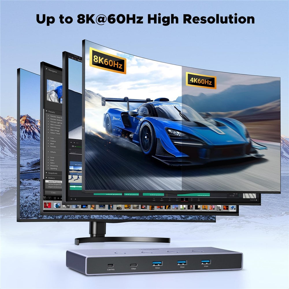 A curved monitor showing a race car, captioned up to 8K 60Hz high resolution, with the switch below