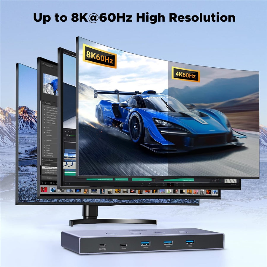 A curved monitor showing a race car, captioned up to 8K 60Hz high resolution, with the switch below