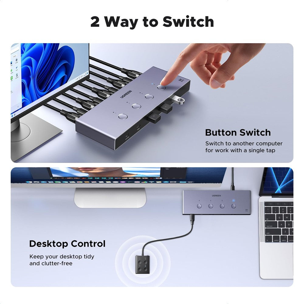 Two switching methods shown: pressing the button on the unit, and using the corded desk controller