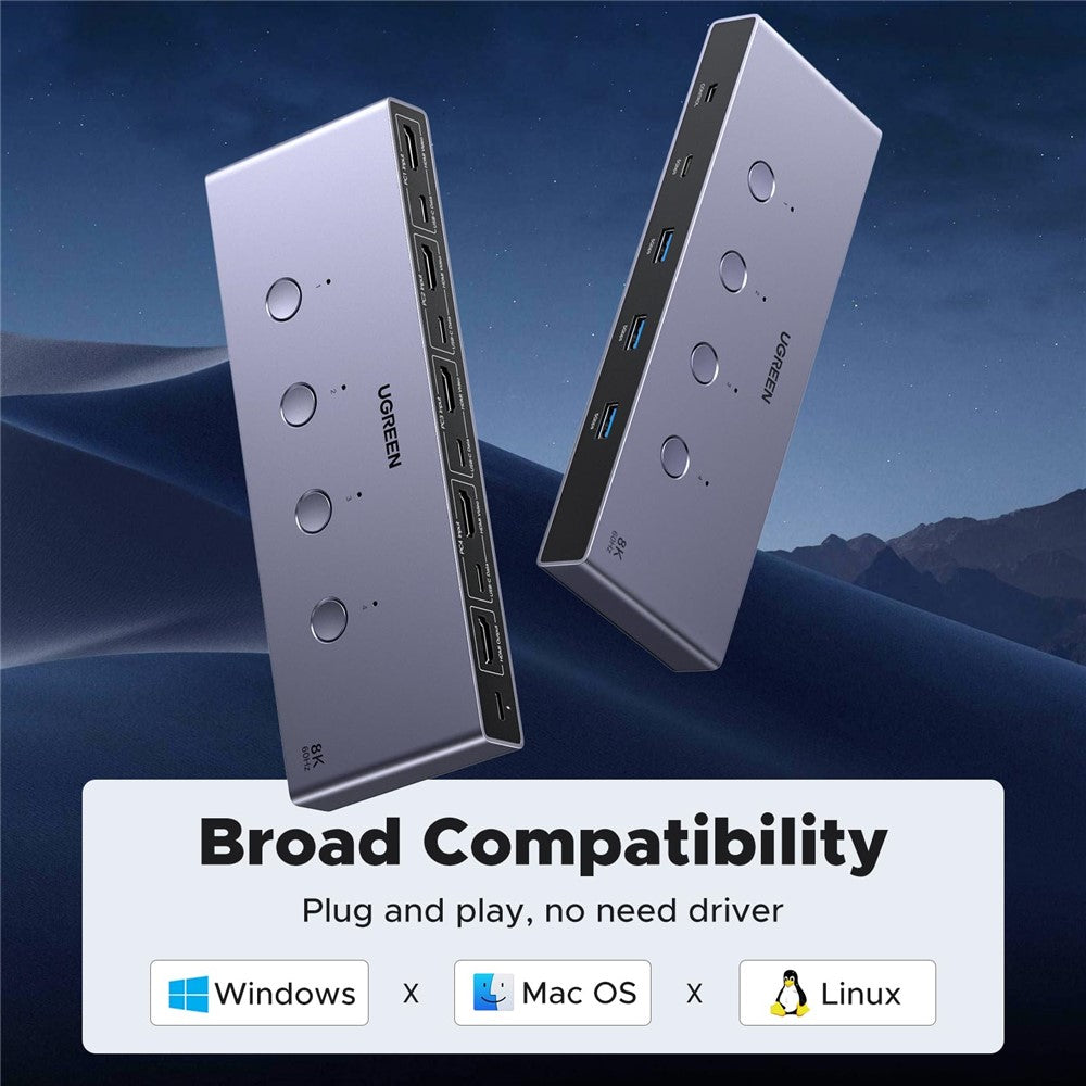 Two views of the KVM switch on a mountain backdrop, captioned broad compatibility with Windows, macOS and Linux, no driver needed