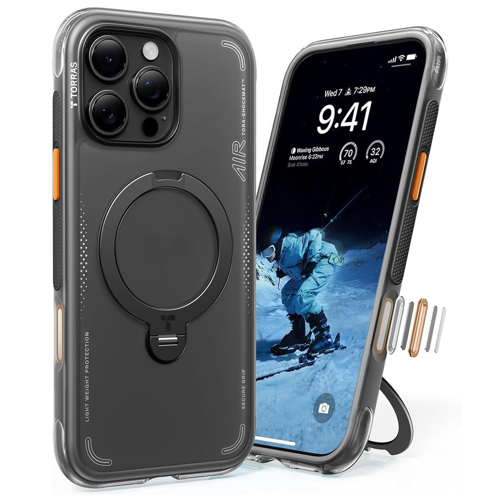 Q3 Air in black: back with the stand ring closed, front with the screen visible, and a side view with the ring open as a kickstand.