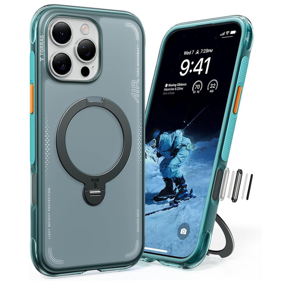 Q3 Air in teal: back with the stand ring closed, front with the screen visible, and a side view with the ring open as a kickstand.