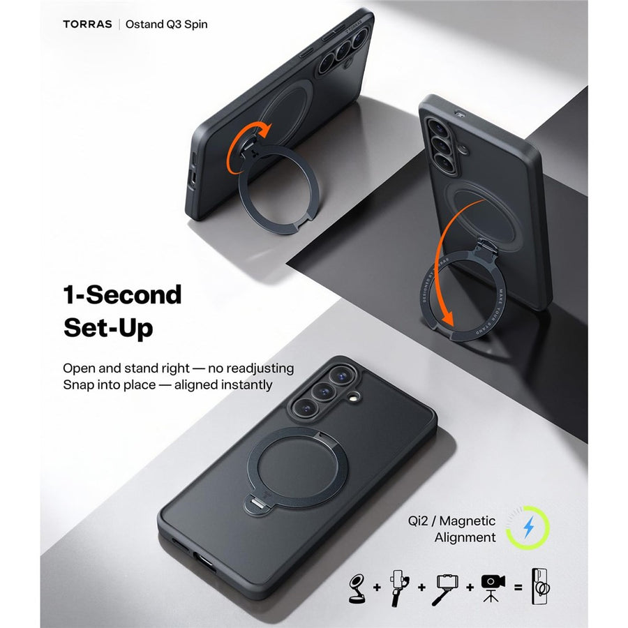 TORRAS Ostand Q3 Spin Series For Samsung Galaxy S26 Case Magnetic Rotating Kickstand PC + TPU Phone Cover