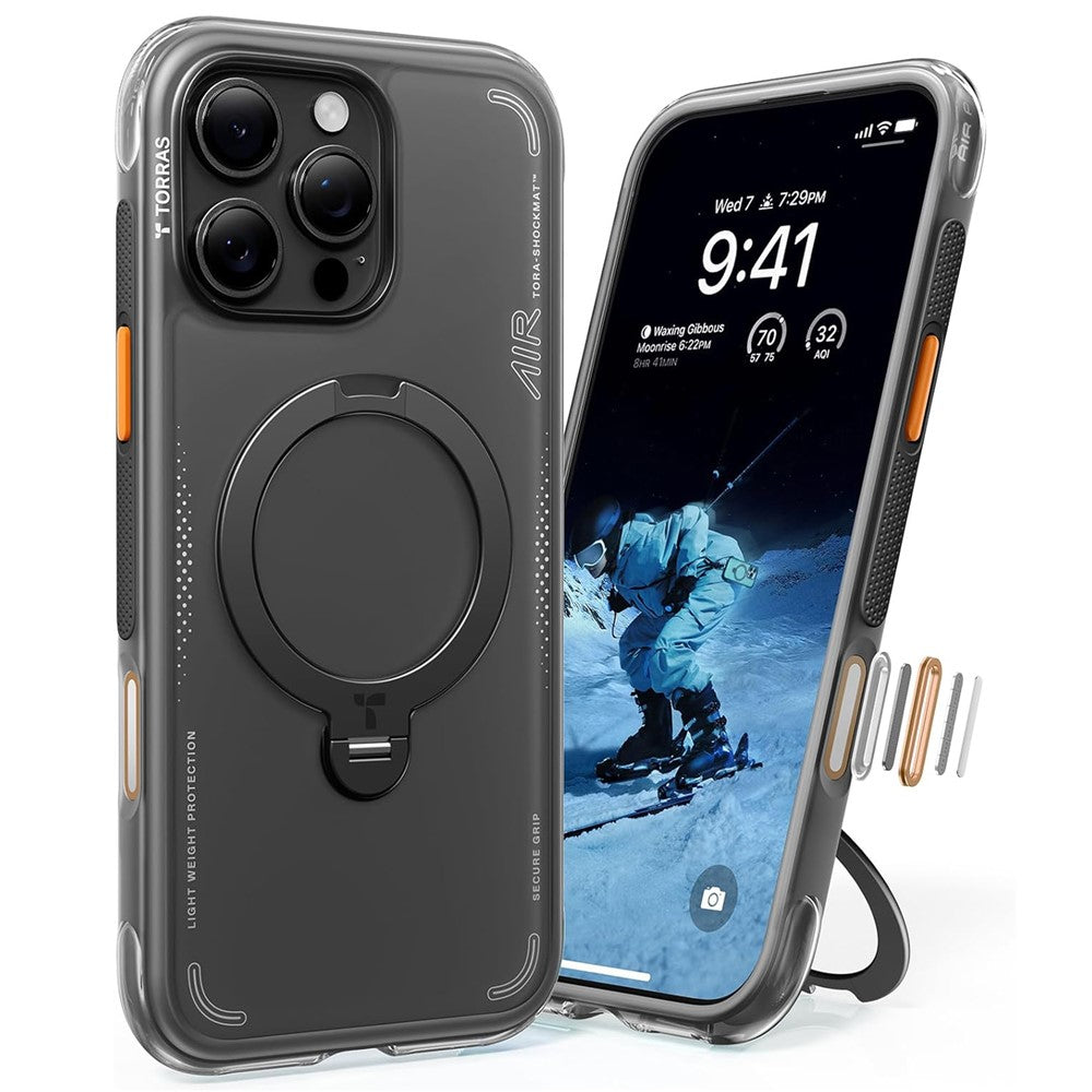 Q3 Air in black shown from the back with the stand ring closed and from the front, alongside the button cutout detail.