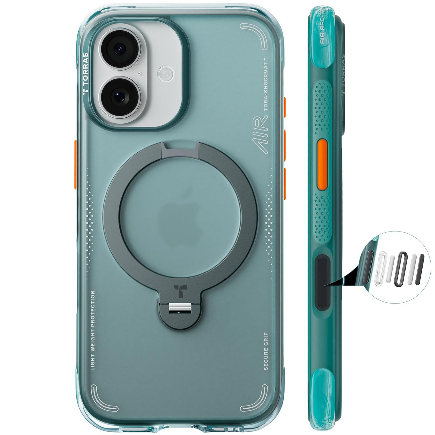 Q3 Air in a teal clear finish: back of the case with the stand ring closed, and a side profile showing the textured grip panel and orange side buttons.