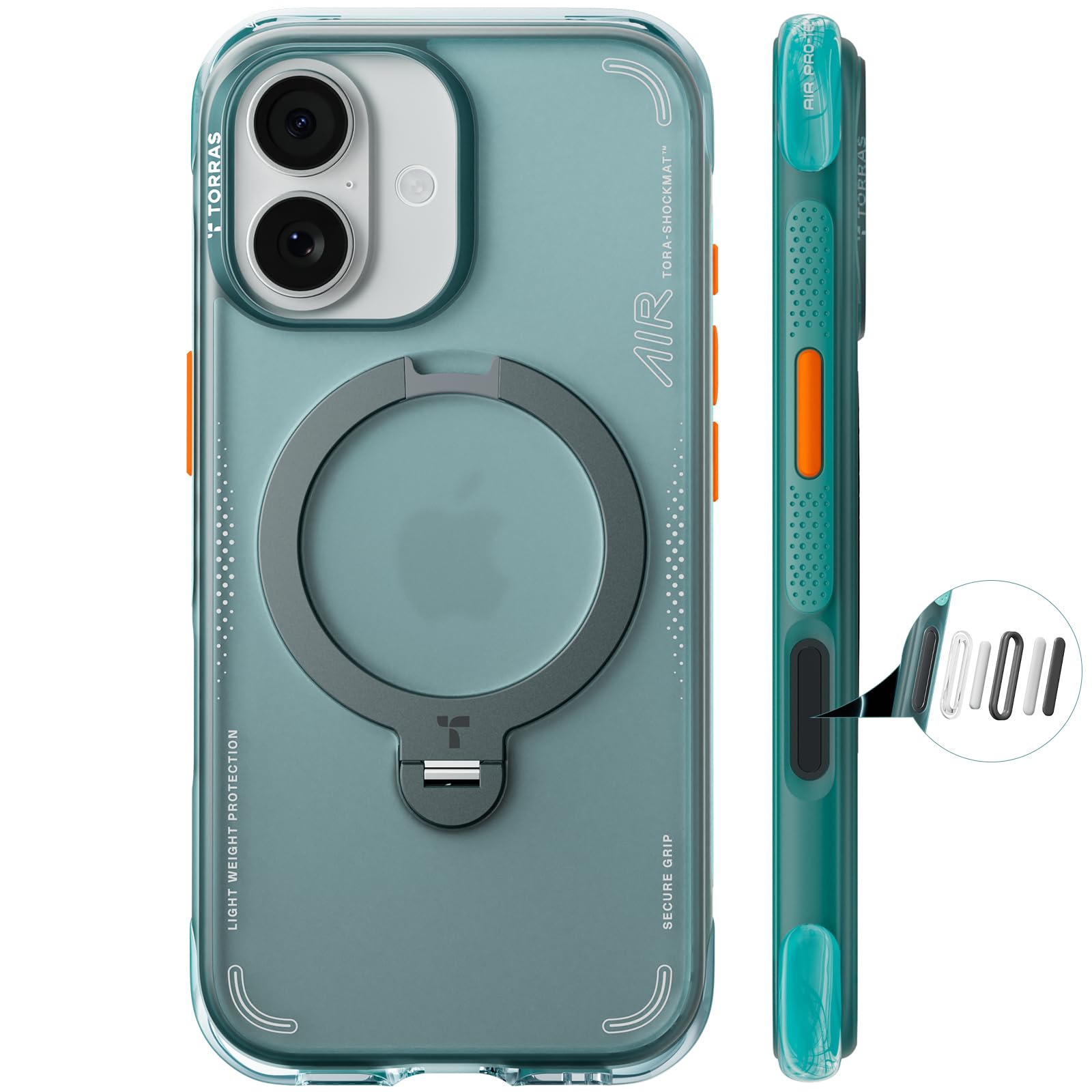Q3 Air in a teal clear finish: back of the case with the stand ring closed, and a side profile showing the textured grip panel and orange side buttons.