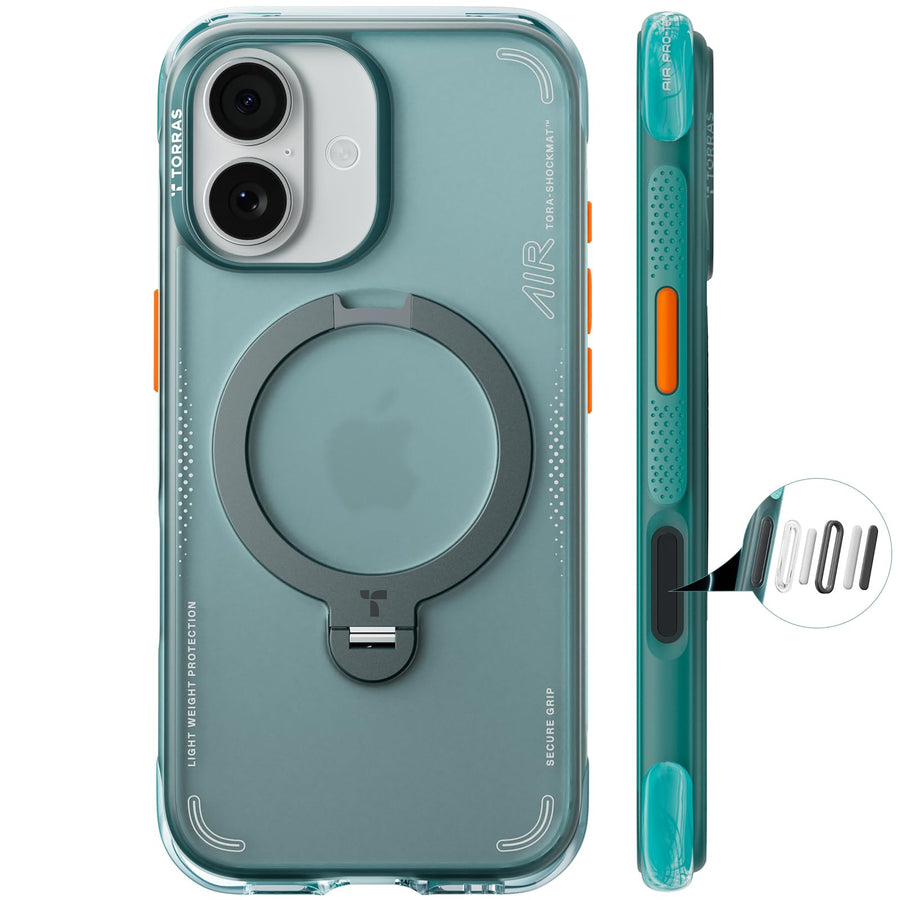 Q3 Air in a teal clear finish: back of the case with the stand ring closed, and a side profile showing the textured grip panel and orange side buttons.