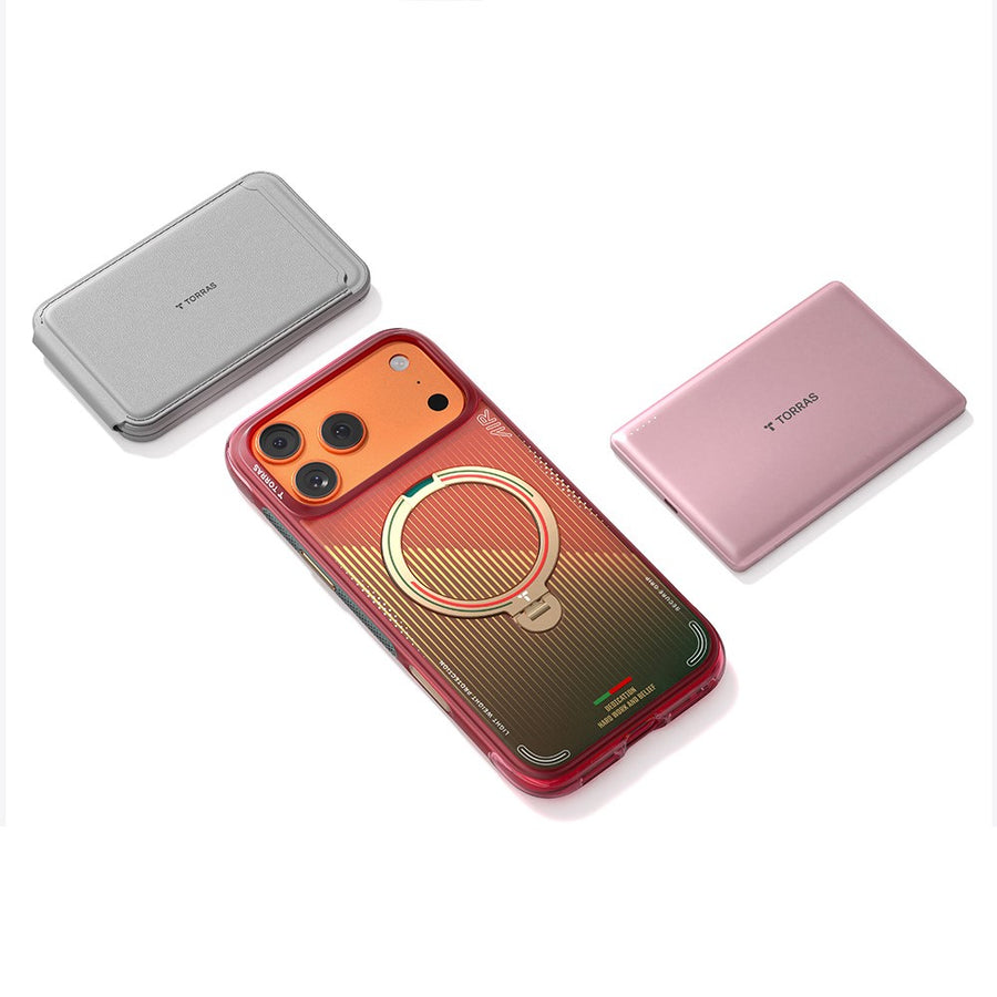 TORRAS Ostand Q3 Air limited-edition case in Wave of Passion shown beside TORRAS power banks